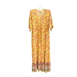 Yellow Floral Paisley Print Maxi Dress Bohemian Drawstring Rayon Womens Medium